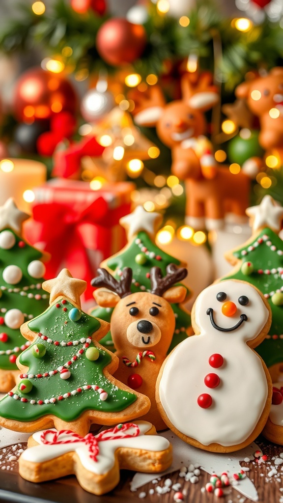A variety of funny Christmas cookies decorated with icing and sprinkles, set against a festive backdrop.